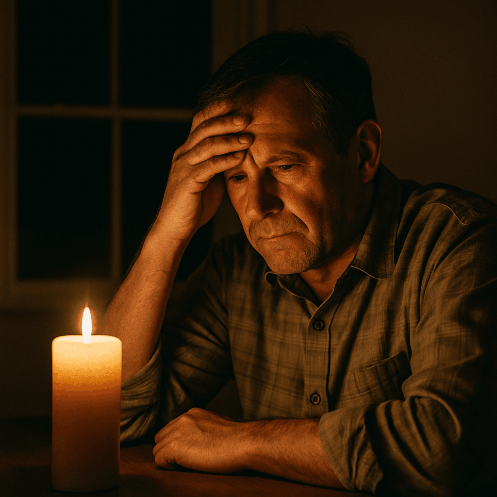 Solar & Backup Power Systems in the Garden Route | EcoPower 3 frustated homeowner with candle